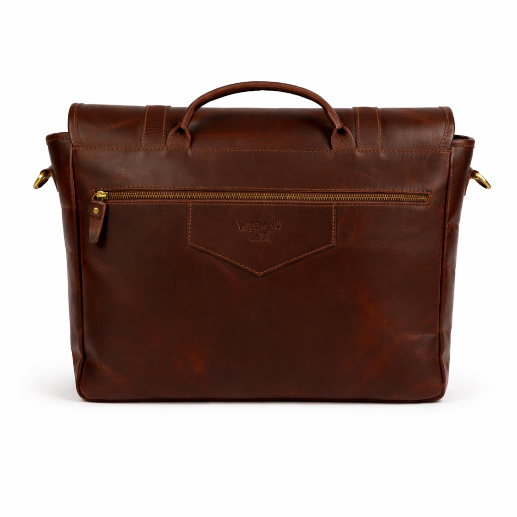 Wyoming Jack Trail Boss leather messenger bag with carry handle, shown from the back in brown leather.