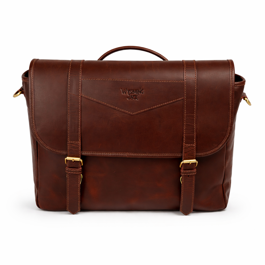 Wyoming Jack Trail Boss leather messenger bag with carry handle, front view showing durable brown leather and classic design.