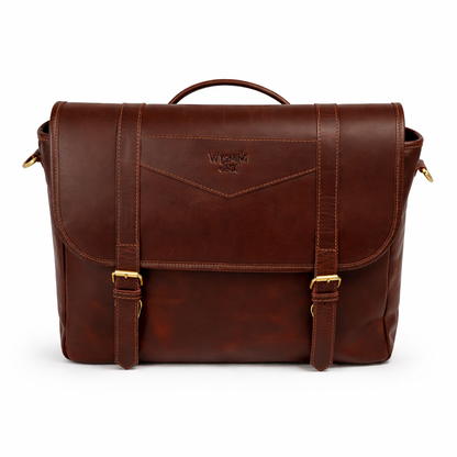 Wyoming Jack Trail Boss leather messenger bag with carry handle, front view showing durable brown leather and classic design.