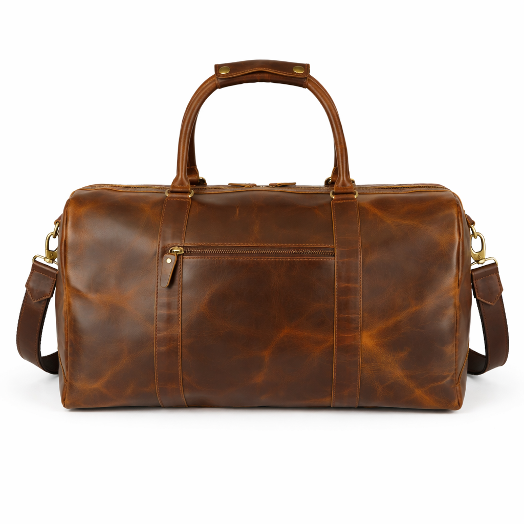 Back view of Wyoming Jack Trail Boss Leather Duffle Bag in Brandy, showcasing its sturdy leather construction and durable handles.