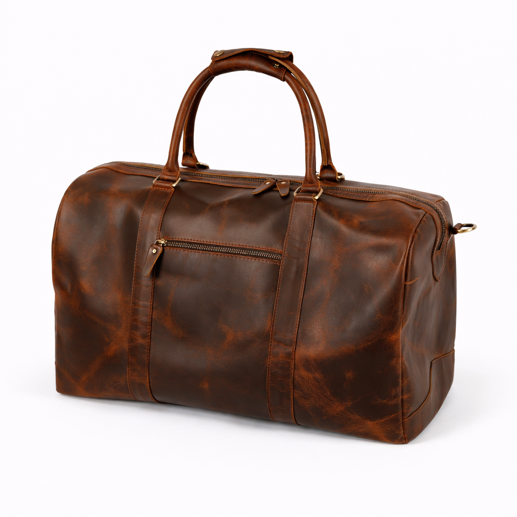 Wyoming Jack Trail Boss leather duffle bag in Brandy color, showing its spacious design and sturdy leather construction.