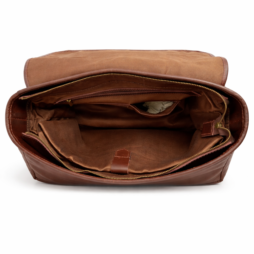 Wyoming Jack Trail Boss leather messenger bag with carry handle, open view showing interior and classic brown leather design.
