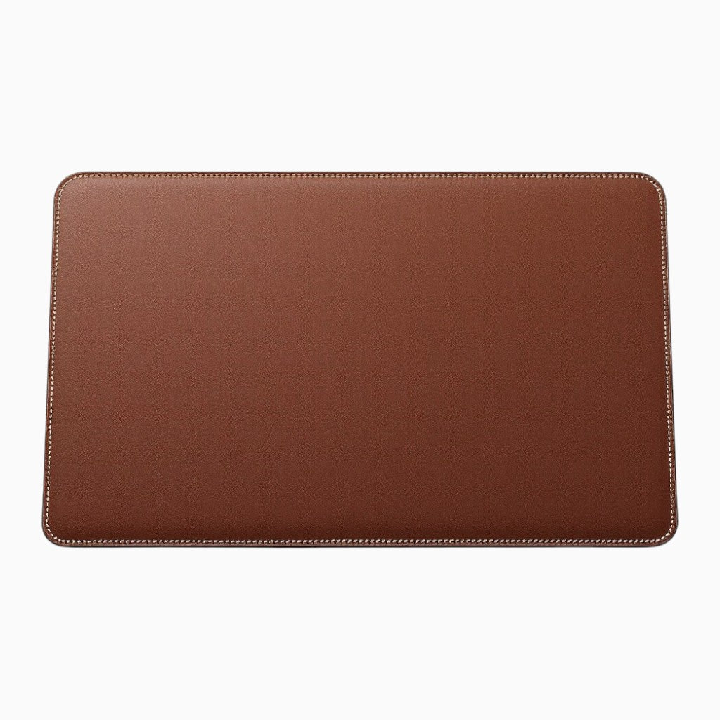 Wyoming Jack full-grain leather desk pad in rich brown color with stitched edges for elegant office decor