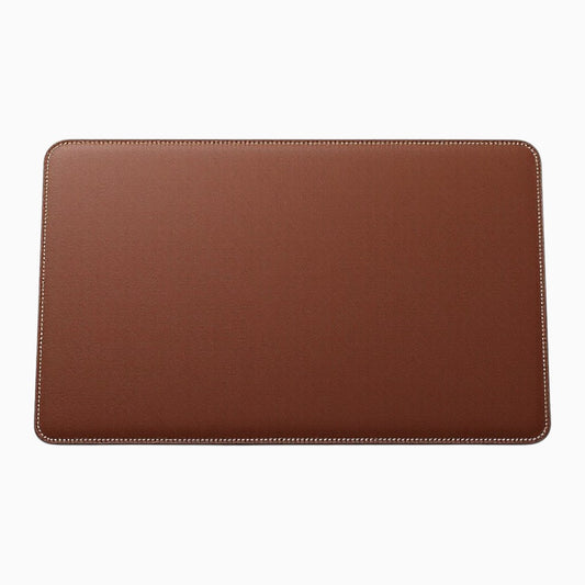 Wyoming Jack full-grain leather desk pad in rich brown color with stitched edges for elegant office decor