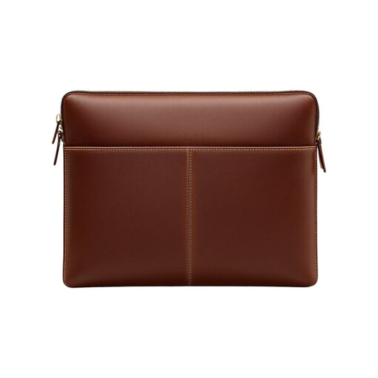 Wyoming Jack full-grain leather laptop sleeve in rich brown with a sleek design and zipper closure