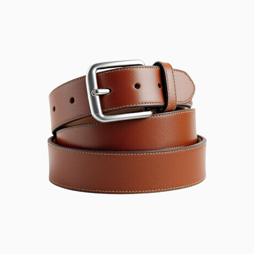 Custom Wyoming Jack leather belt with personalized engraving, featuring a durable brown leather strap and metal buckle.