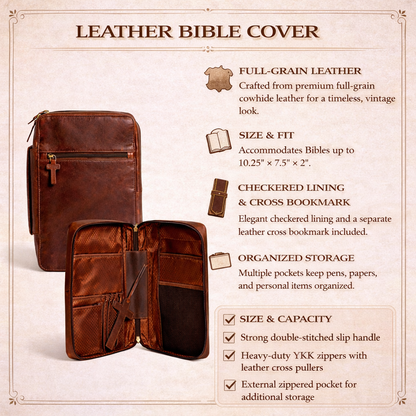 Wyoming Jack Frontier Leather Bible Cover, durable Bible case with front design, fits standard-sized Bible, crafted from high-quality leather.