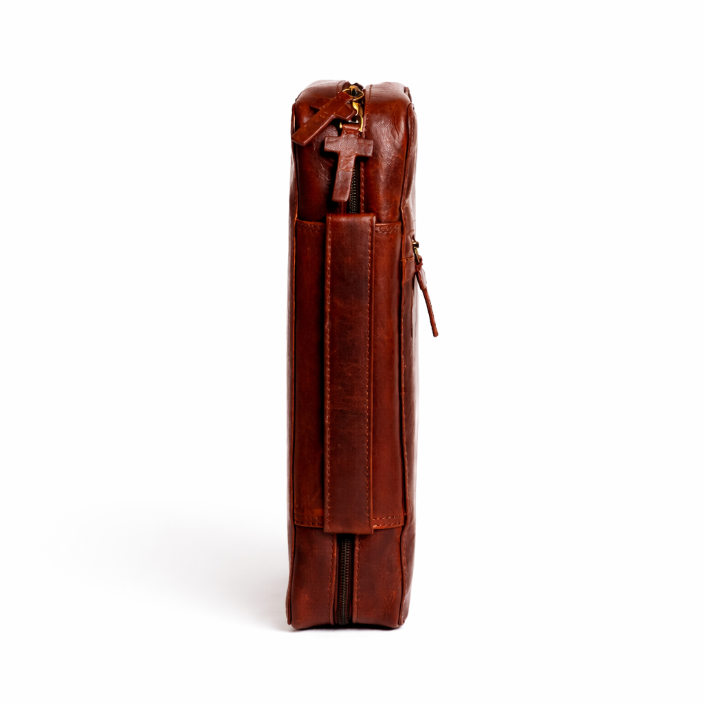Wyoming Jack Frontier leather Bible cover with side view, designed as a durable, stylish case for holding a Bible.