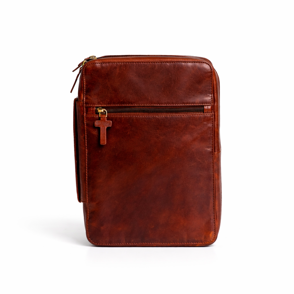 Wyoming Jack Frontier Leather Bible Cover with front flap and sturdy design, ideal for protecting and carrying a Bible.