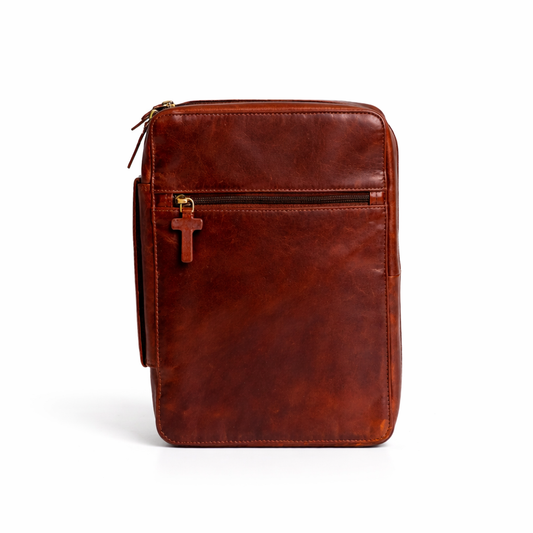 Frontier Leather Bible Cover by Wyoming Jack, showcasing rich leather texture and classic design for protection and style.