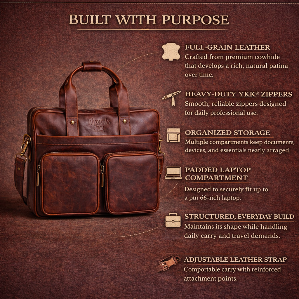 Wyoming Jack Frontier Leather Briefcase showing its front view with sturdy leather construction and classic design.