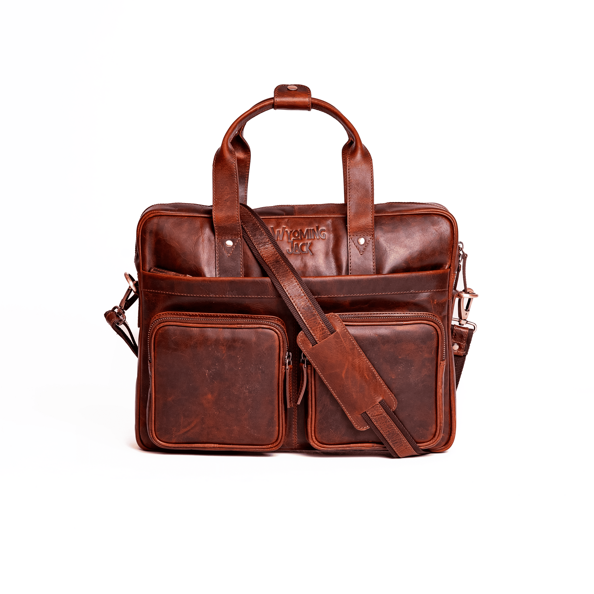 Wyoming Jack Frontier Leather Briefcase showing front view with sturdy leather construction and classic design.