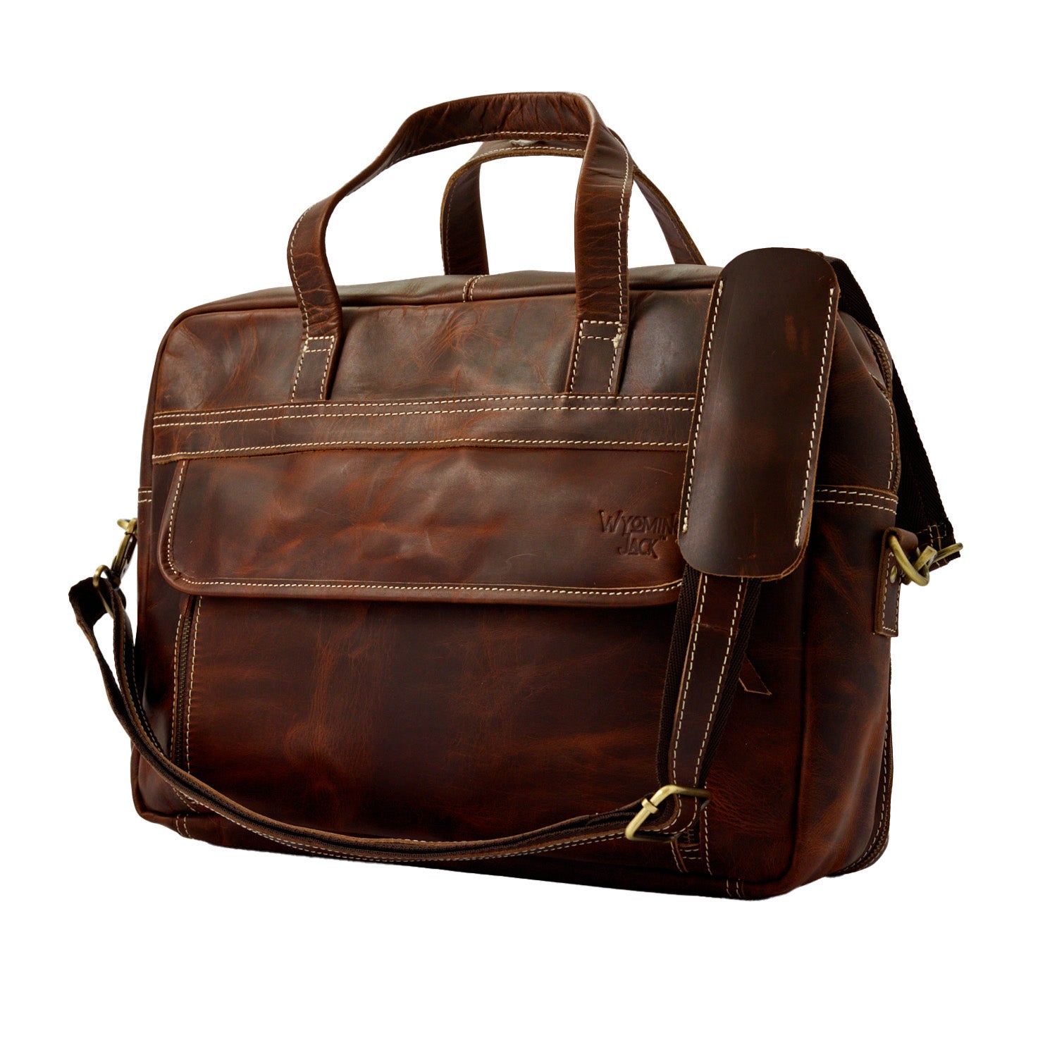 Wyoming Jack Homestead large leather briefcase with multiple compartments, featuring sturdy handles and organized interior for professionals.