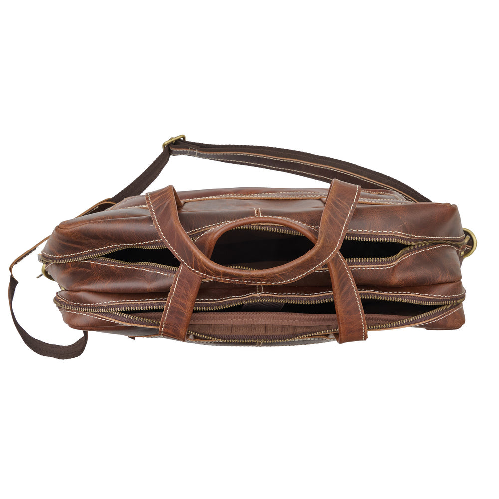 Wyoming Jack Homestead large leather briefcase with multiple compartments, featuring sturdy handles and organized interior storage.