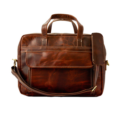 Wyoming Jack Homestead large leather briefcase with multiple compartments, featuring sturdy handles and polished finish.