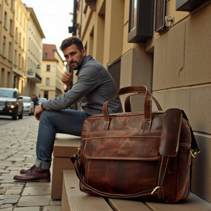 Wyoming Jack Homestead large leather briefcase with multiple compartments, featuring sturdy handles and organized interior for professionals.