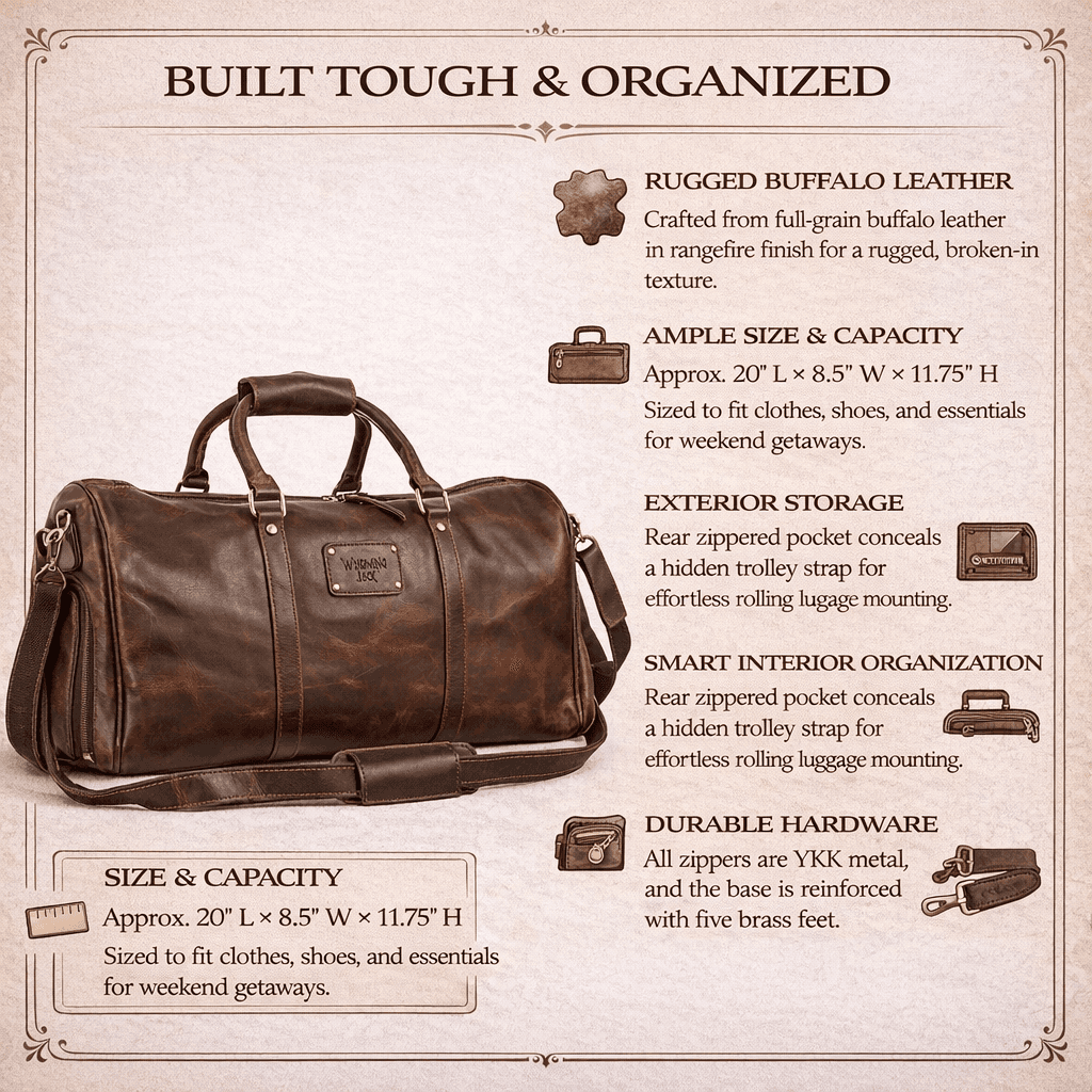 Wyoming Jack Homestead Leather Duffle Bag for weekend travel, featuring durable leather construction and spacious interior.