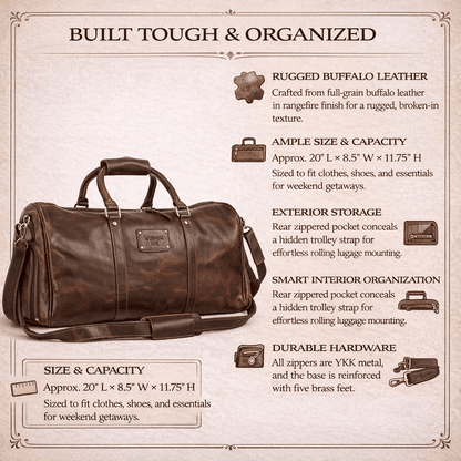 Wyoming Jack Homestead Leather Duffle Bag for weekend travel, featuring durable leather construction and spacious interior.