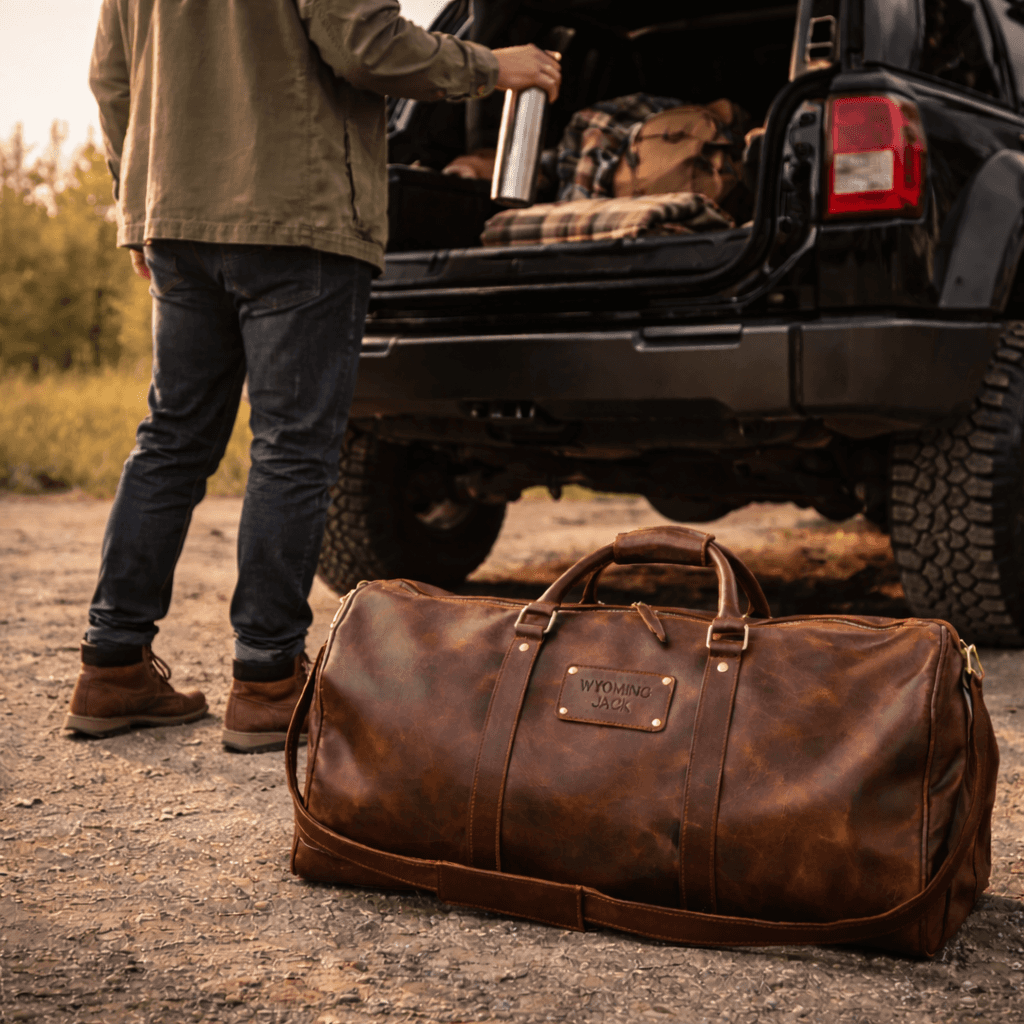 Wyoming Jack Homestead Leather Duffle Bag for weekend travel, featuring durable leather construction and classic design.