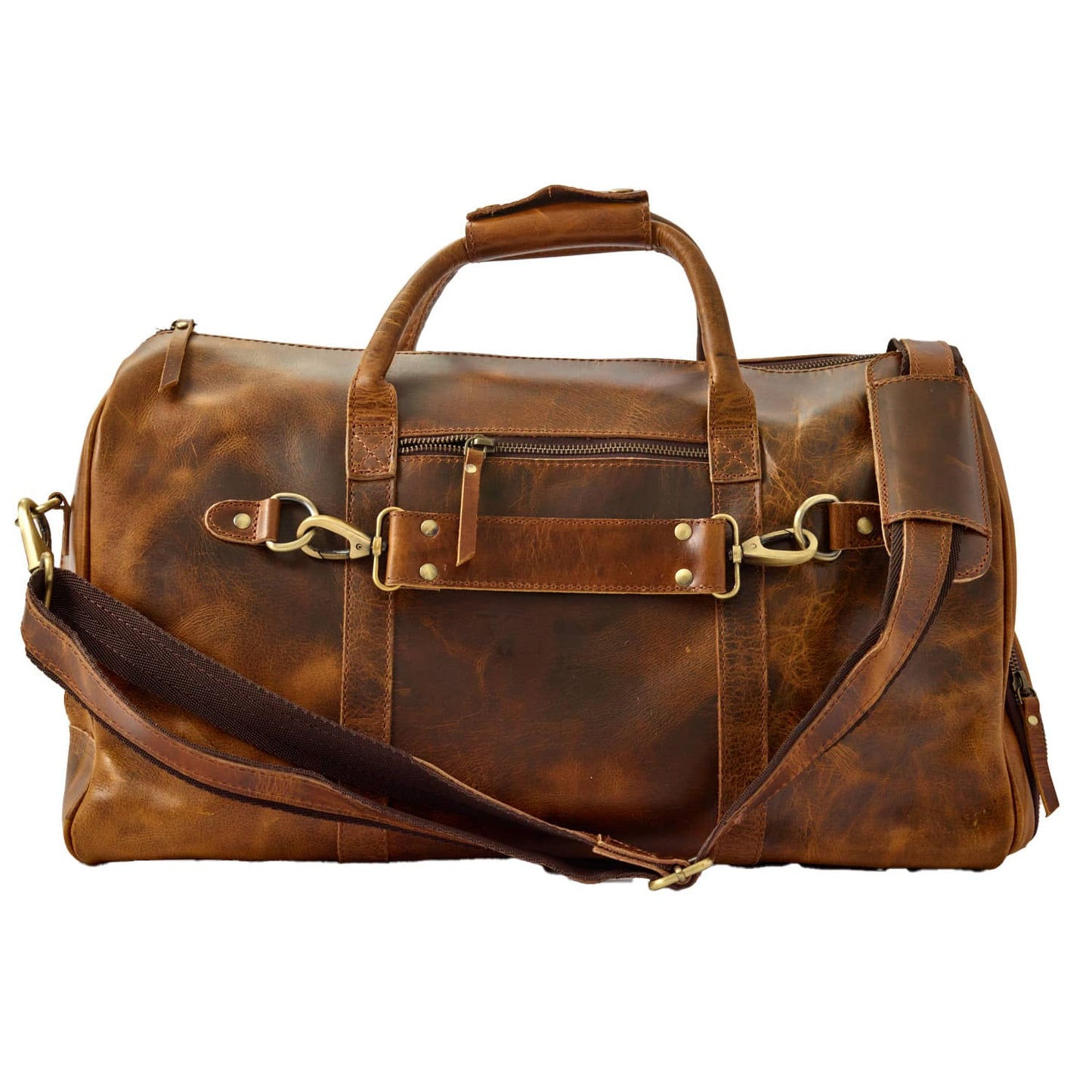 Wyoming Jack Badlands Leather Duffle Bag in medium size, featuring durable leather construction and sturdy handles.