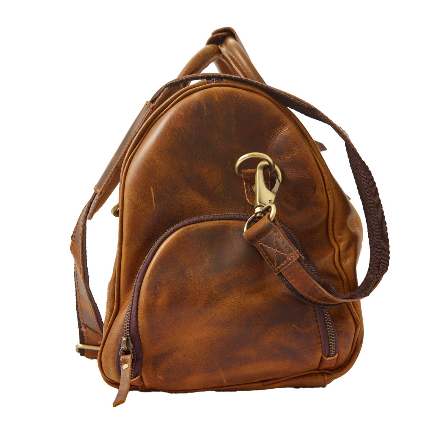 Medium Badlands Leather Duffle Bag by Wyoming Jack showing durable leather exterior with sturdy handles and classic design.