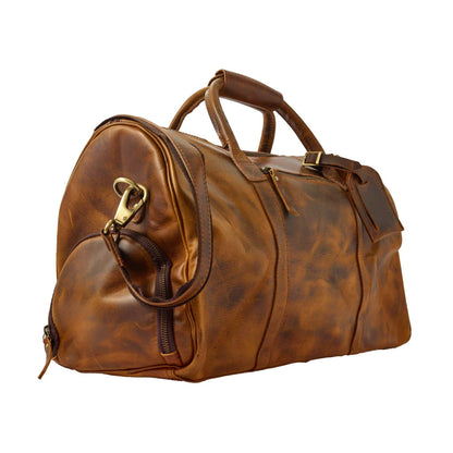 Wyoming Jack Badlands Leather Duffle Bag in medium size with sturdy handles and classic leather finish for travel and storage.