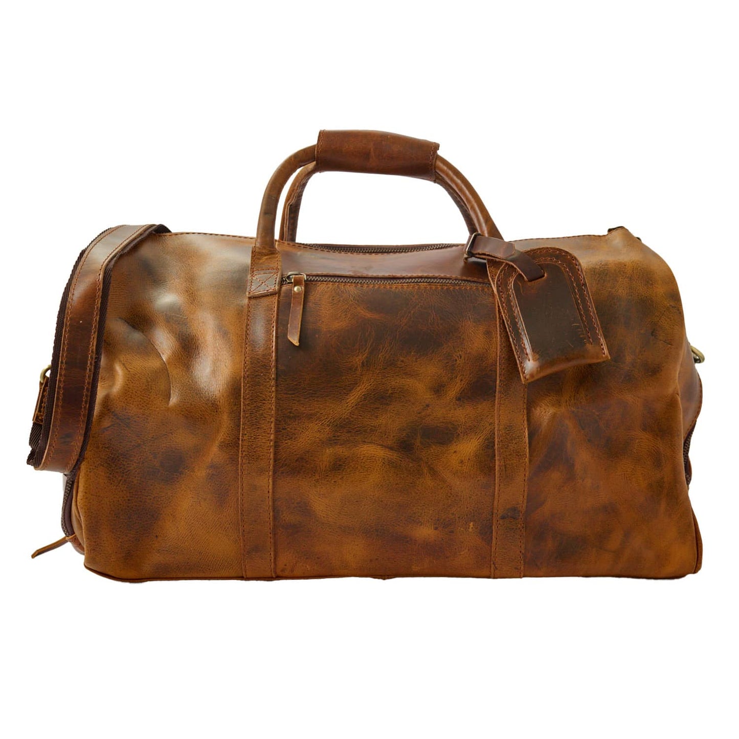 Wyoming Jack Badlands Leather Duffle Bag in medium size, featuring durable leather construction and sturdy handles.