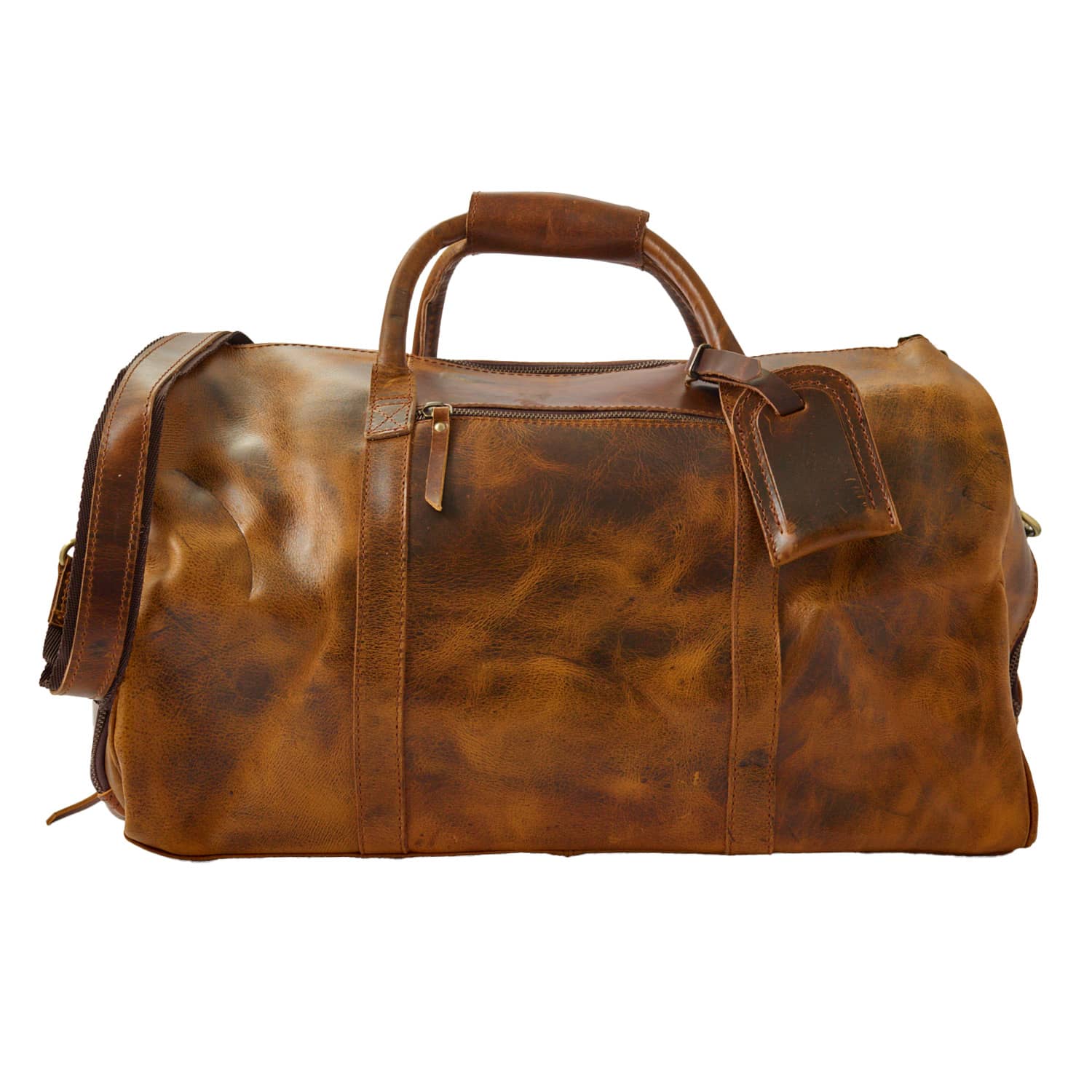 Wyoming Jack Badlands Leather Duffle Bag in medium size, featuring durable leather construction and sturdy handles.