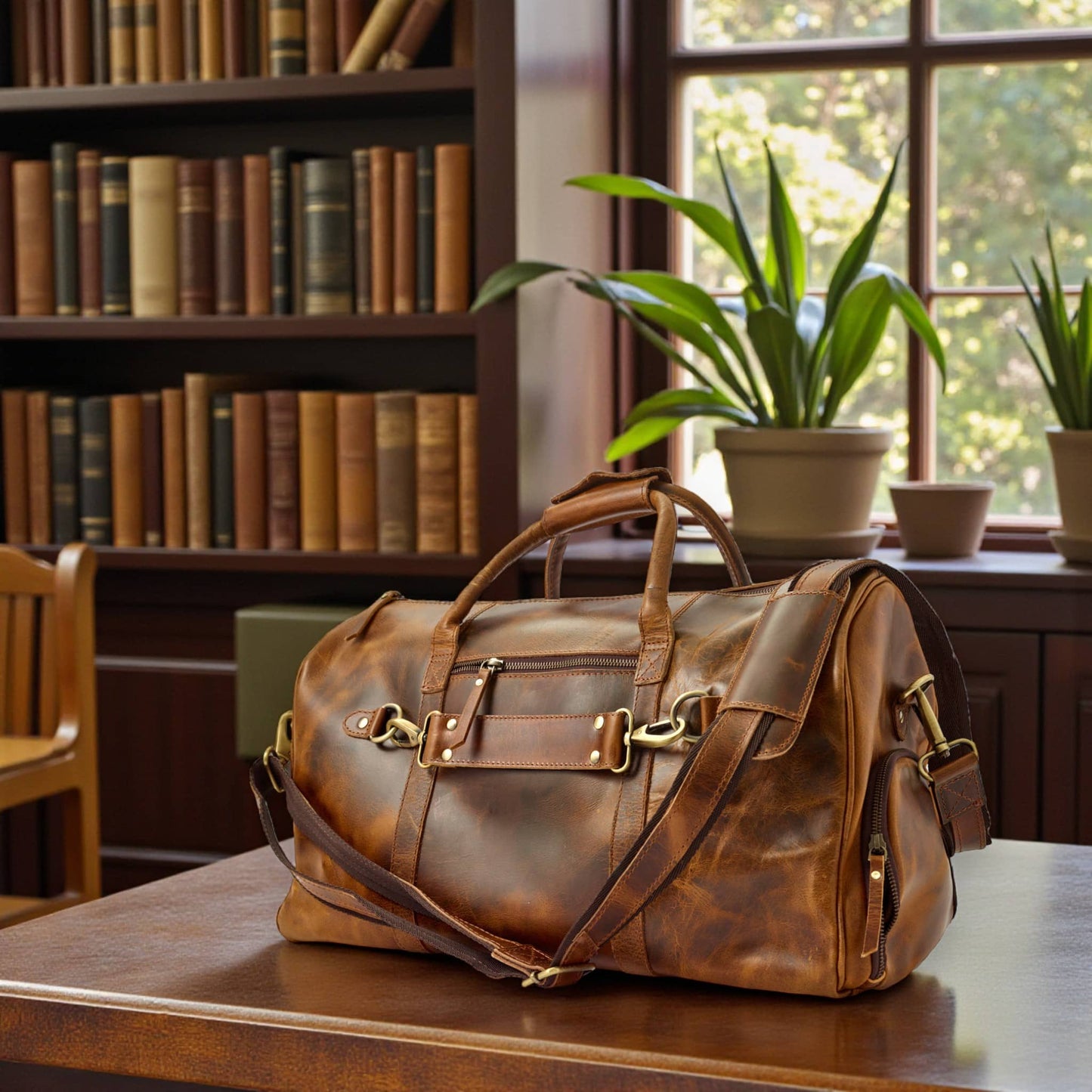 Wyoming Jack Badlands leather duffle bag in medium size with sturdy handles and durable leather construction.