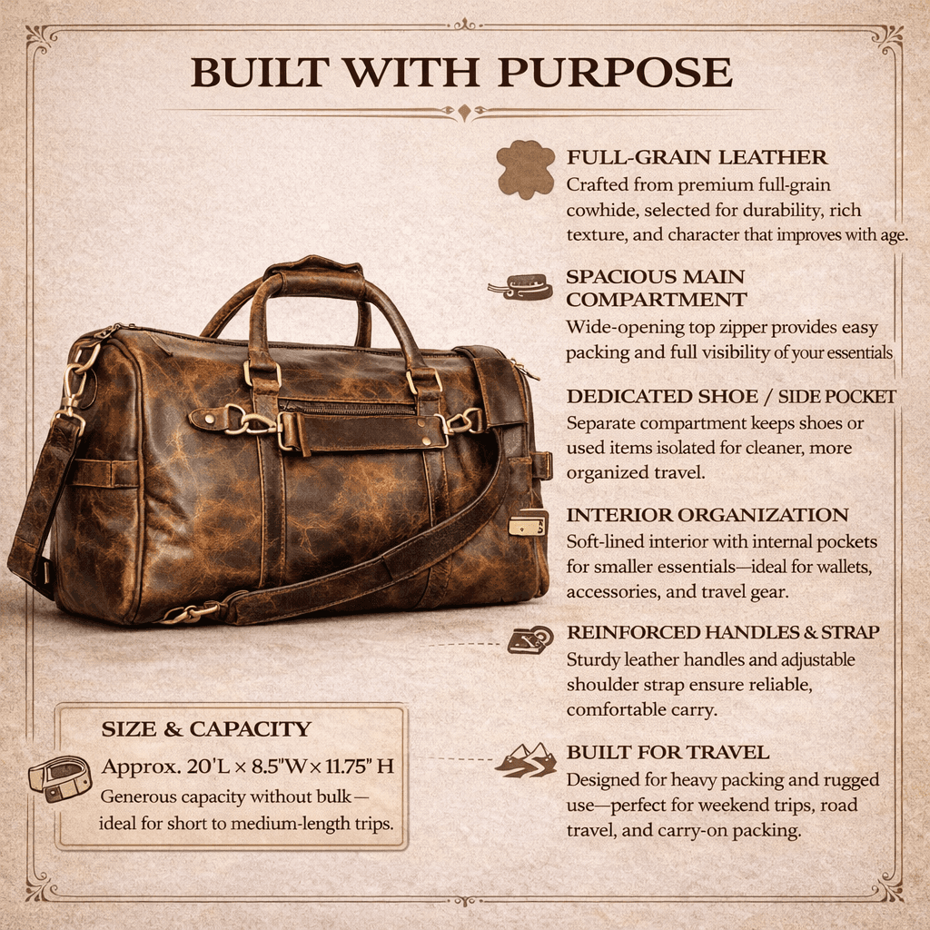 Wyoming Jack Badlands Leather Duffle Bag in medium size with sturdy handles and leather finish, ideal for travel and storage.