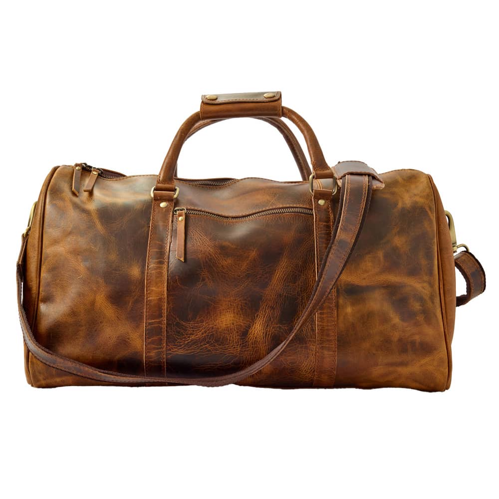 Wyoming Jack Badlands Leather Duffle Bag 20 Inch carry-on with sturdy handles and classic leather finish on a white background.