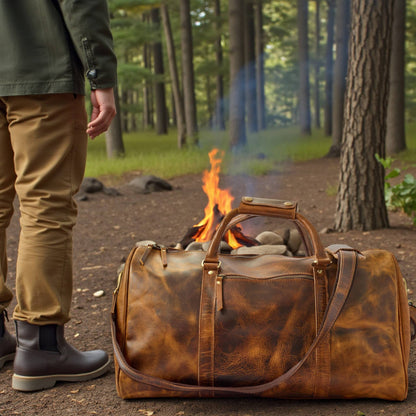 Wyoming Jack Badlands leather duffle bag, 20-inch carry-on size, featuring sturdy leather material and functional design.