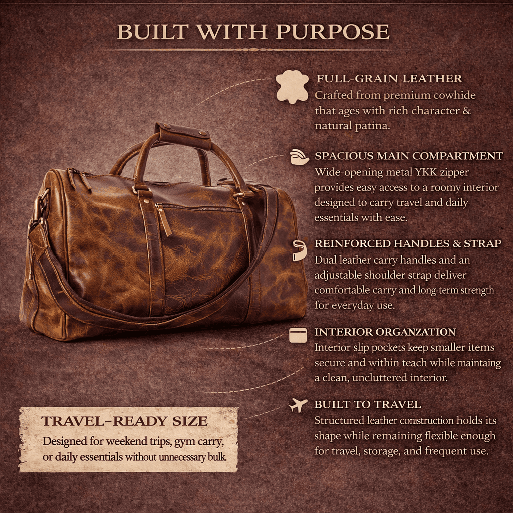 Wyoming Jack Badlands Leather Duffle Bag 20 Inch carry-on with sturdy handles and leather finish for travel.