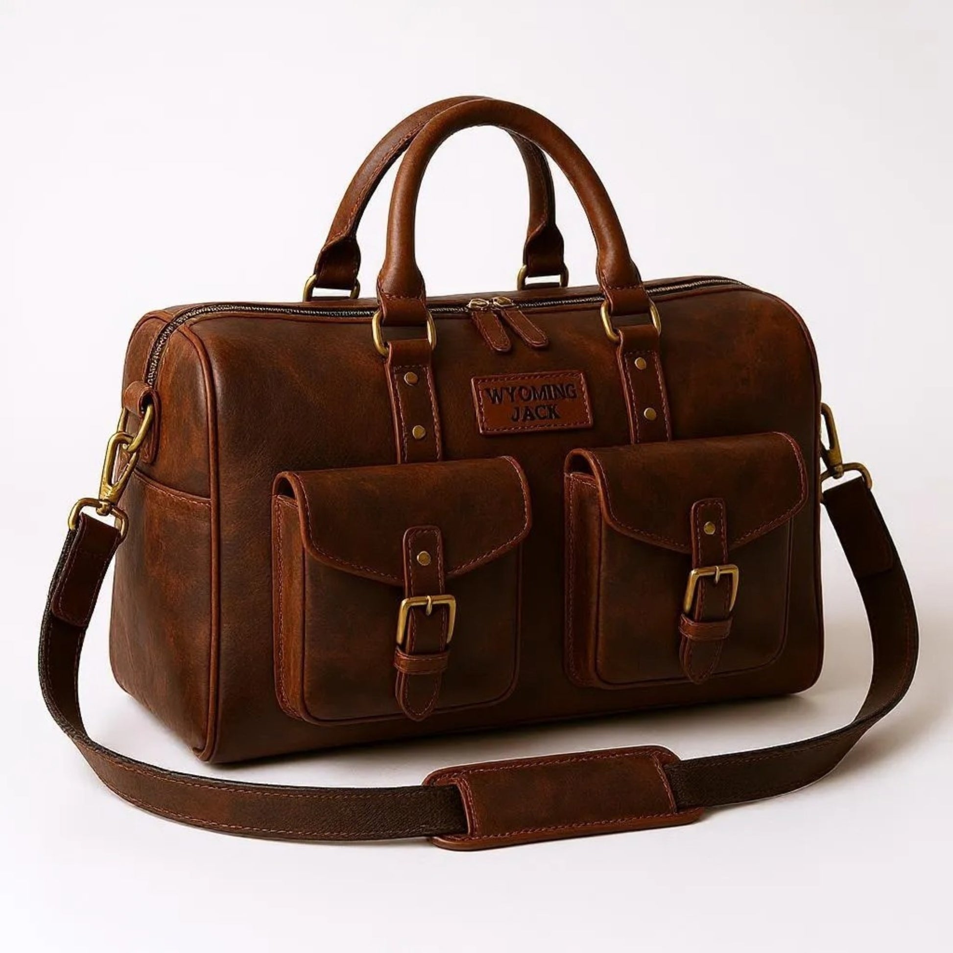 Wyoming Jack Expedition Leather Duffle Bag with personalized custom engraving, durable leather construction and spacious design.