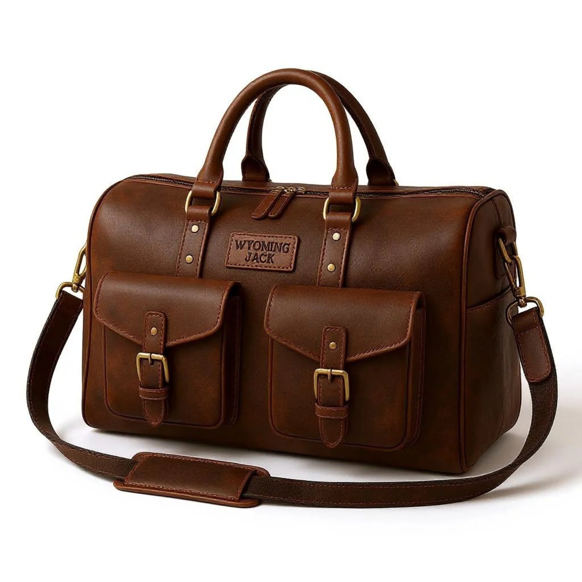 Wyoming Jack Expedition Leather Duffle Bag with personalized custom engraving, featuring sturdy leather construction and spacious interior.