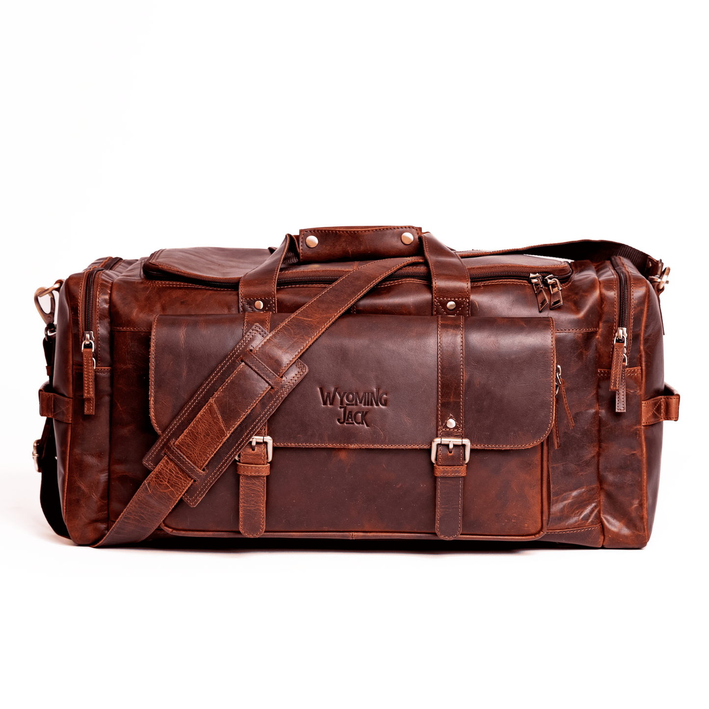 Wyoming Jack Frontier Leather Duffle Bag with sturdy handles and spacious main compartment, stylish travel bag for men.