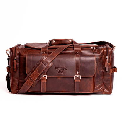 Wyoming Jack Frontier Leather Duffle Bag with sturdy handles and spacious main compartment, stylish travel bag for men.
