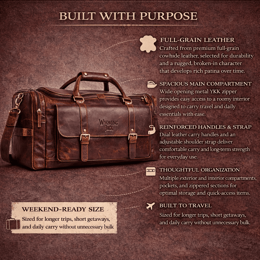 Wyoming Jack Frontier Leather Duffle Bag with sturdy handles and spacious main compartment, stylish travel bag for men.