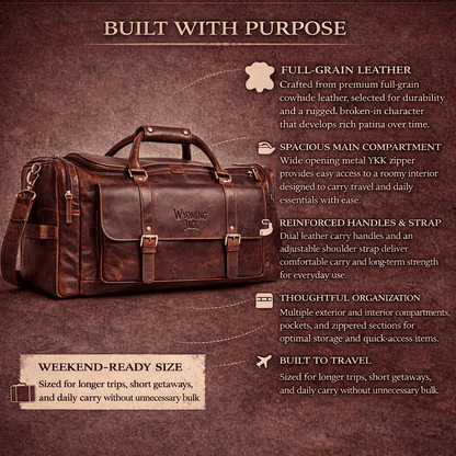 Wyoming Jack Frontier Leather Duffle Bag with sturdy handles and spacious main compartment, stylish travel bag for men.