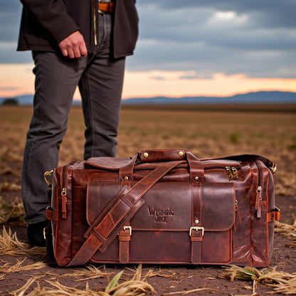 Wyoming Jack Frontier Leather Duffle Bag showing front view with sturdy handles and sleek leather finish.