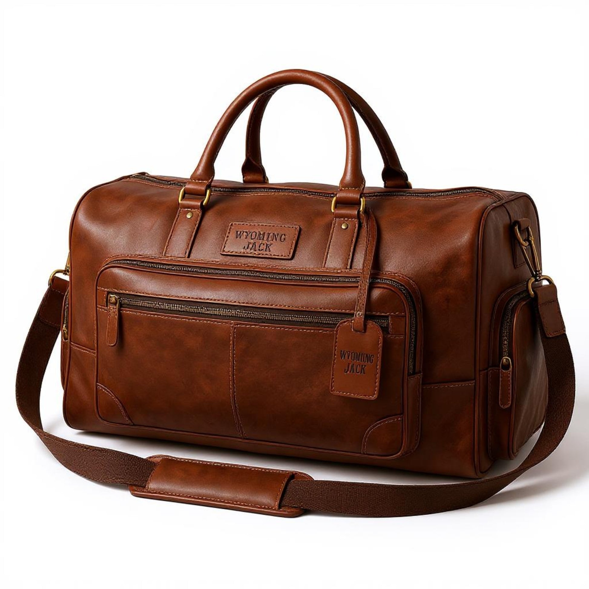 Wyoming Jack Heritage Leather Weekender Duffle Bag with customizable and personalized features, made of durable leather.