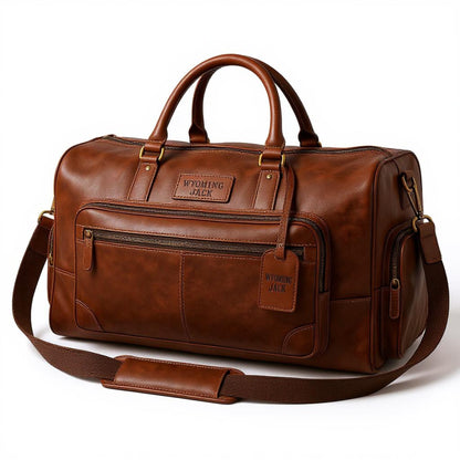 Wyoming Jack Heritage Leather Weekender Duffle Bag with customizable and personalized features, made of durable leather.