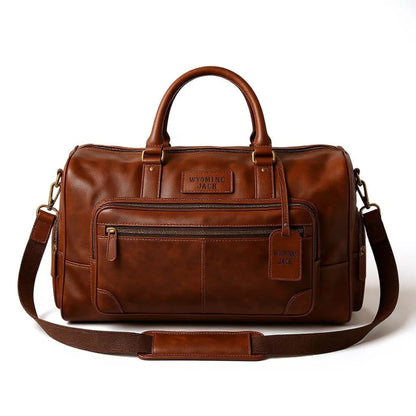 Wyoming Jack Heritage Leather Weekender Duffle Bag with personalized customization, featuring durable leather and spacious interior.