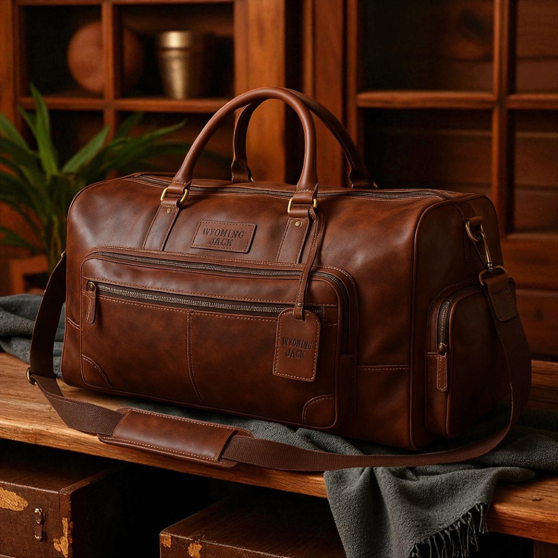 Wyoming Jack Heritage Leather Weekender Duffle Bag with personalized customization, featuring durable leather design and spacious interior.
