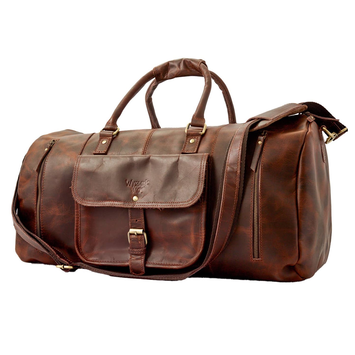 Wyoming Jack Badlands leather duffle bag with shoe compartment, rugged travel bag with sturdy handles and leather finish.