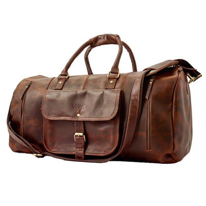 Wyoming Jack Badlands leather duffle bag with shoe compartment, rugged travel bag with sturdy handles and leather finish.