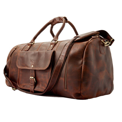 Wyoming Jack Badlands Leather Duffle Bag with shoe compartment, brown leather travel bag with sturdy handles and spacious interior.
