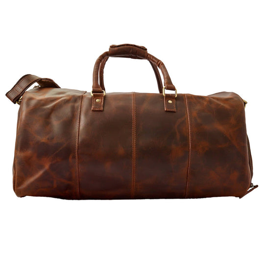 Wyoming Jack Badlands Leather Duffle Bag with shoe compartment, rugged design, and sturdy leather construction for travel and storage.
