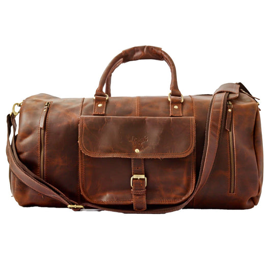 Wyoming Jack Badlands leather duffle bag with shoe compartment, rugged design and sturdy handle for travel and weekend trips.