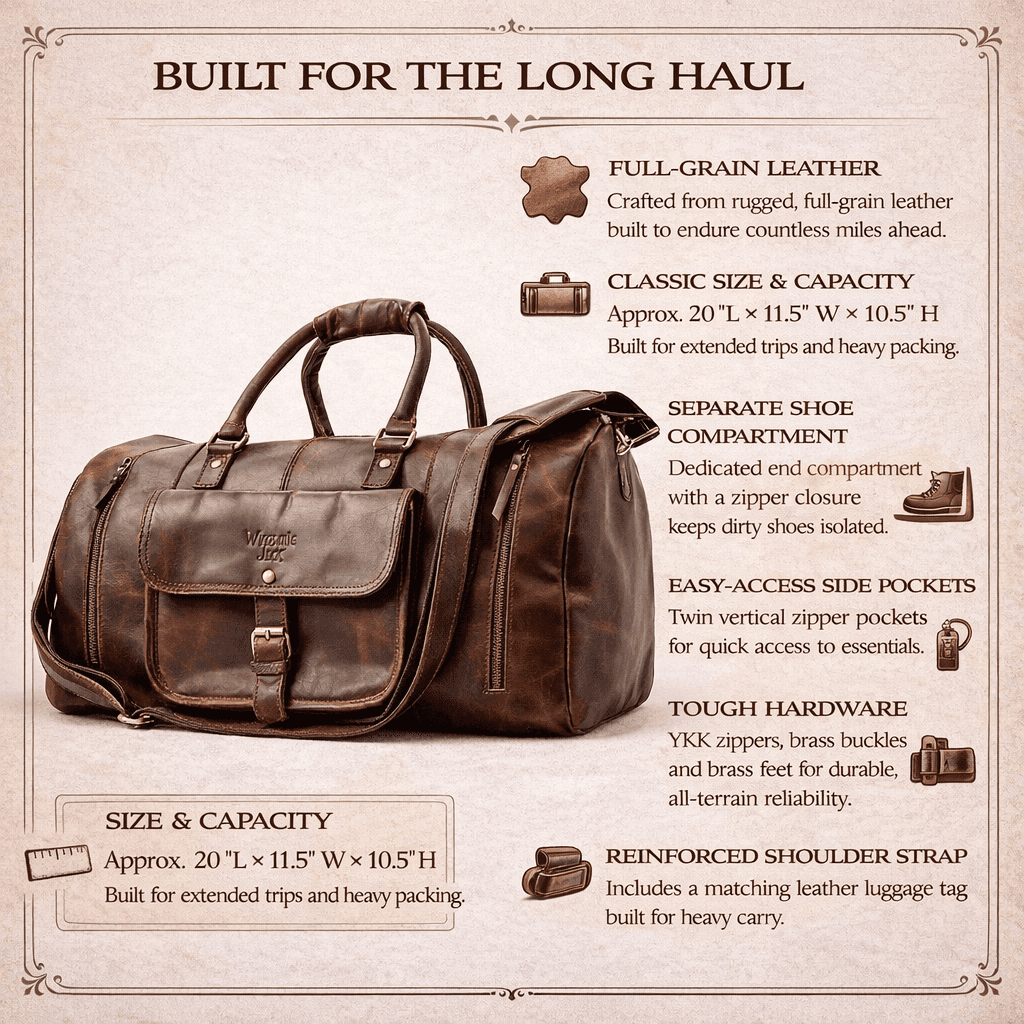 Wyoming Jack Badlands leather duffle bag with shoe compartment, rugged design, and spacious interior for travel or weekend trips.